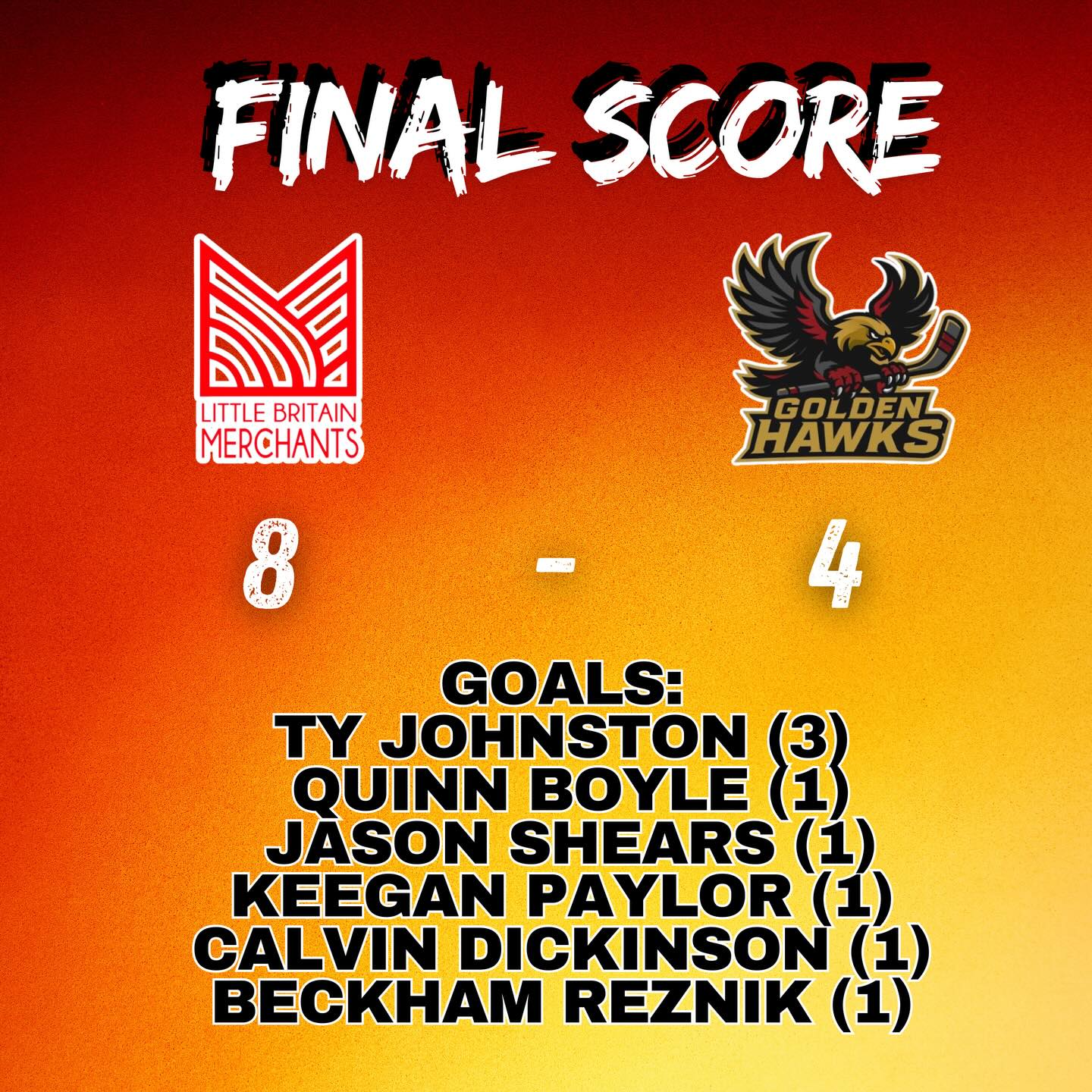 🚨FINAL SCORE🚨
The Merchants win 8-4 against the Goldenhawks. The Merchants next game is Thursday, November 27th against the Schomberg Cougars at the Trisan Centre. Thursday’s puck drop is at 7:30PM.