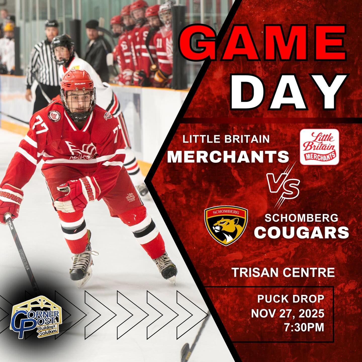 🚨GAME DAY🚨
The Little Britain Merchants travel to the Trisan Centre to face the Schomberg Cougars this evening. Puck drop is at 7:30PM.