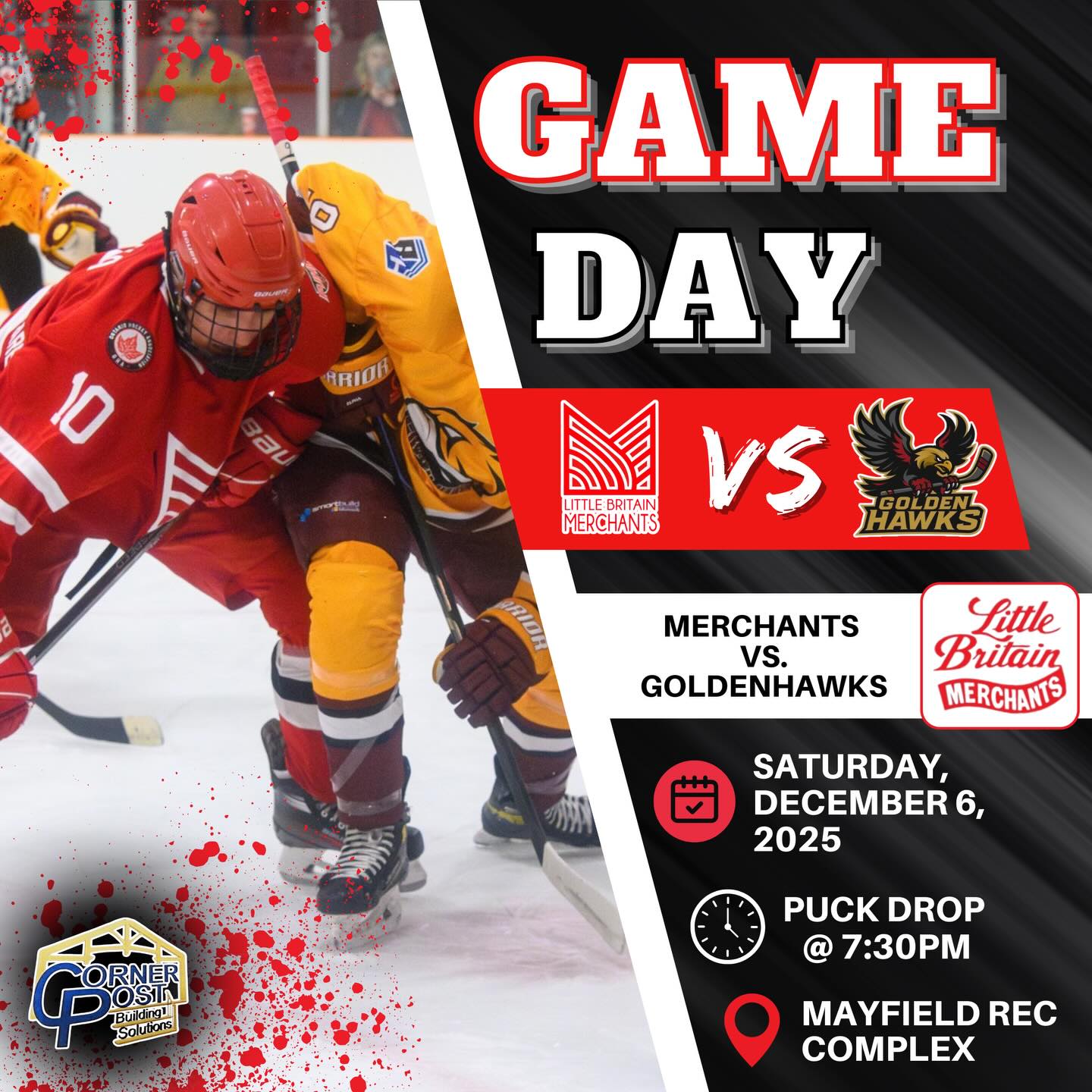 🚨GAME DAY🚨
The Little Britain Merchants travel to the Mayfield Recreation Complex this evening to face the Caledon Goldenhawks. Puck drop is at 7:30PM.