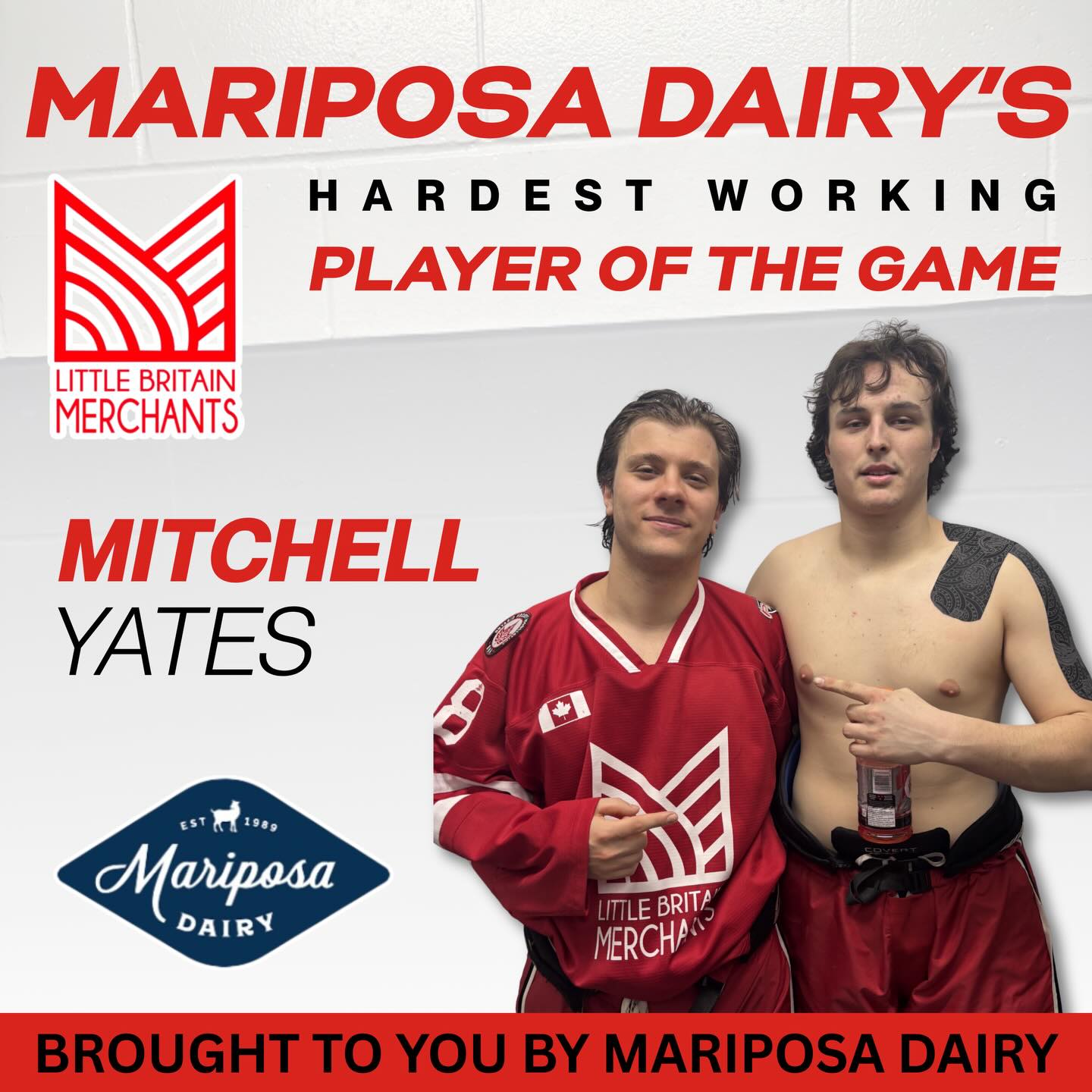 Mitchell Yates was named Mariposa Dairy’s Hardest Working Player of the Game for this afternoon’s game against the Clarington Eagles. Congratulations Mitchell!