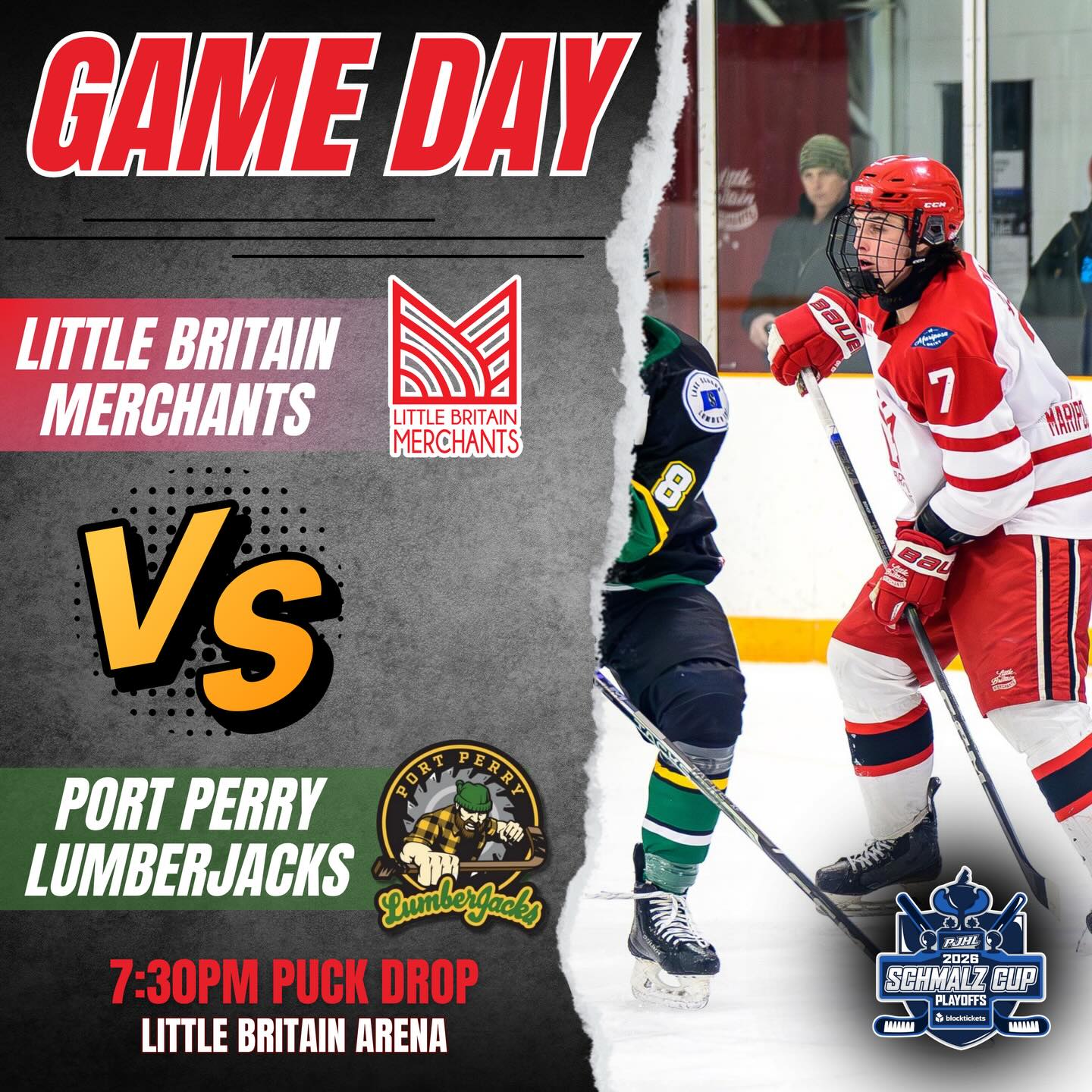 🚨GAME DAY🚨
The Little Britain Merchants host the Port Perry Lumberjacks this evening for game 4 at the Little Britain Arena. Puck drop is at 7:30PM. Before the game, the Merchants coaching staff will be receiving the Orr Division Coaching staff of the year award and Curtis Misner will be receiving the Orr Division Most Sportsmanlike Player award.