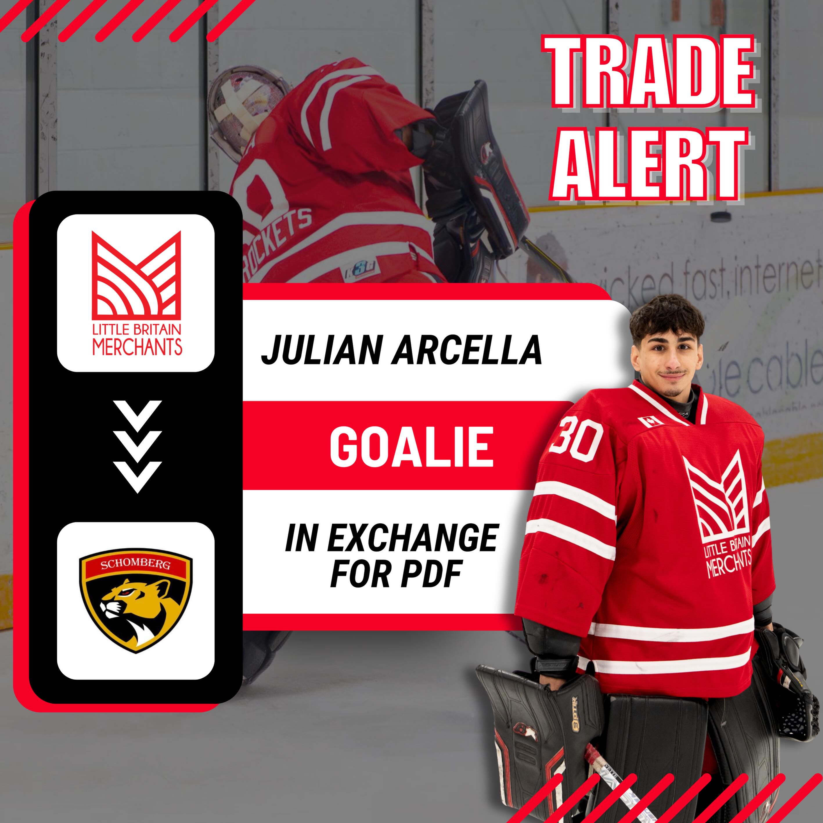 🚨TRADE ALERT🚨
The Little Britain Merchants have completed a trade with the Schomberg Cougars. The Cougars receive ‘06 Goalie, Julian Arcella, in exchange for a Player Development Fee (PDF). The Merchants would like to thank Julian for his commitment and dedication to the Merchants. We wish him the best with the Cougars.