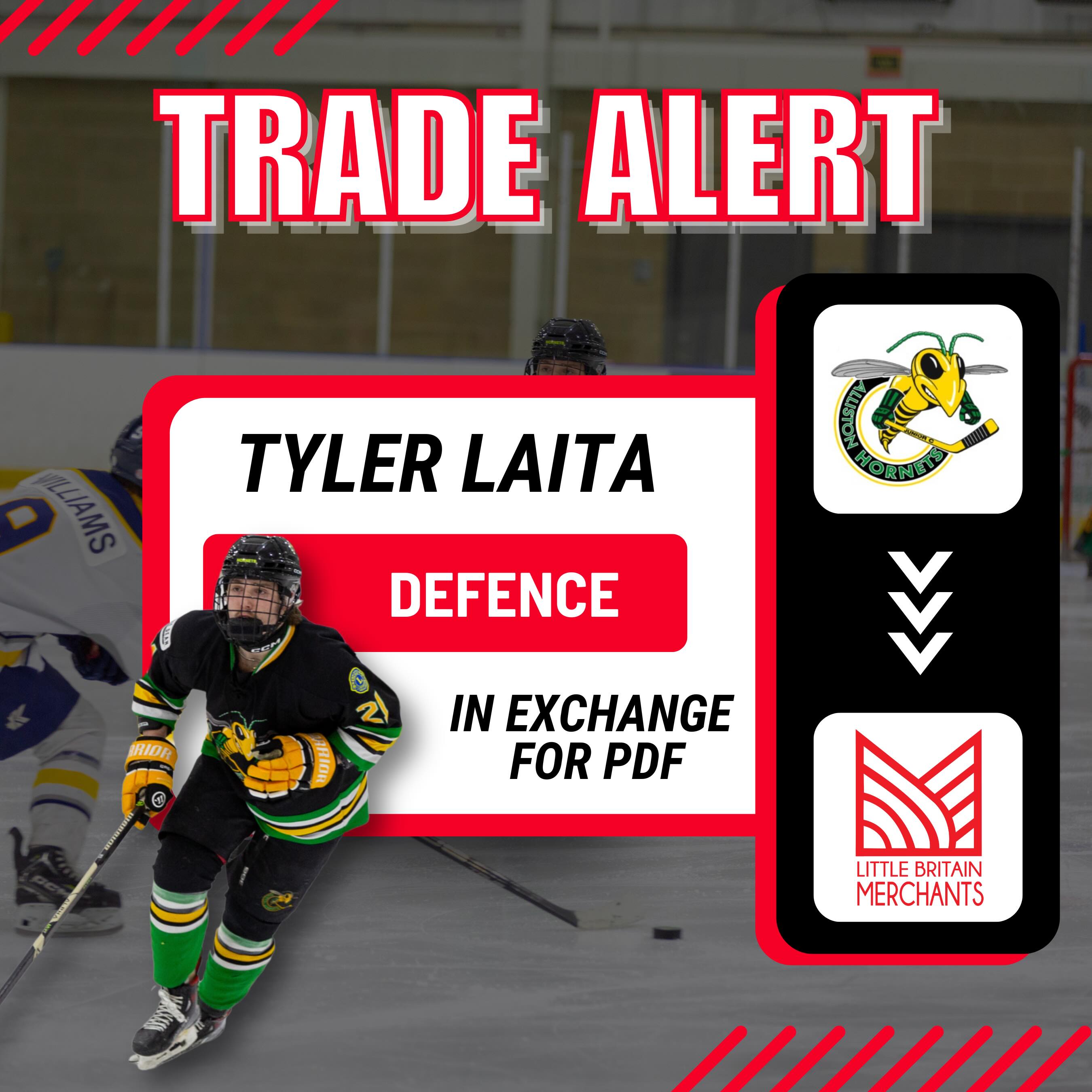 🚨TRADE ALERT🚨
The Little Britain Merchants have completed a trade with the Alliston Hornets. The Merchants acquired ‘06 Defenceman, Tyler Laita in exchange for a Player Development Fee (PDF). Welcome to the Merchants, Tyler!