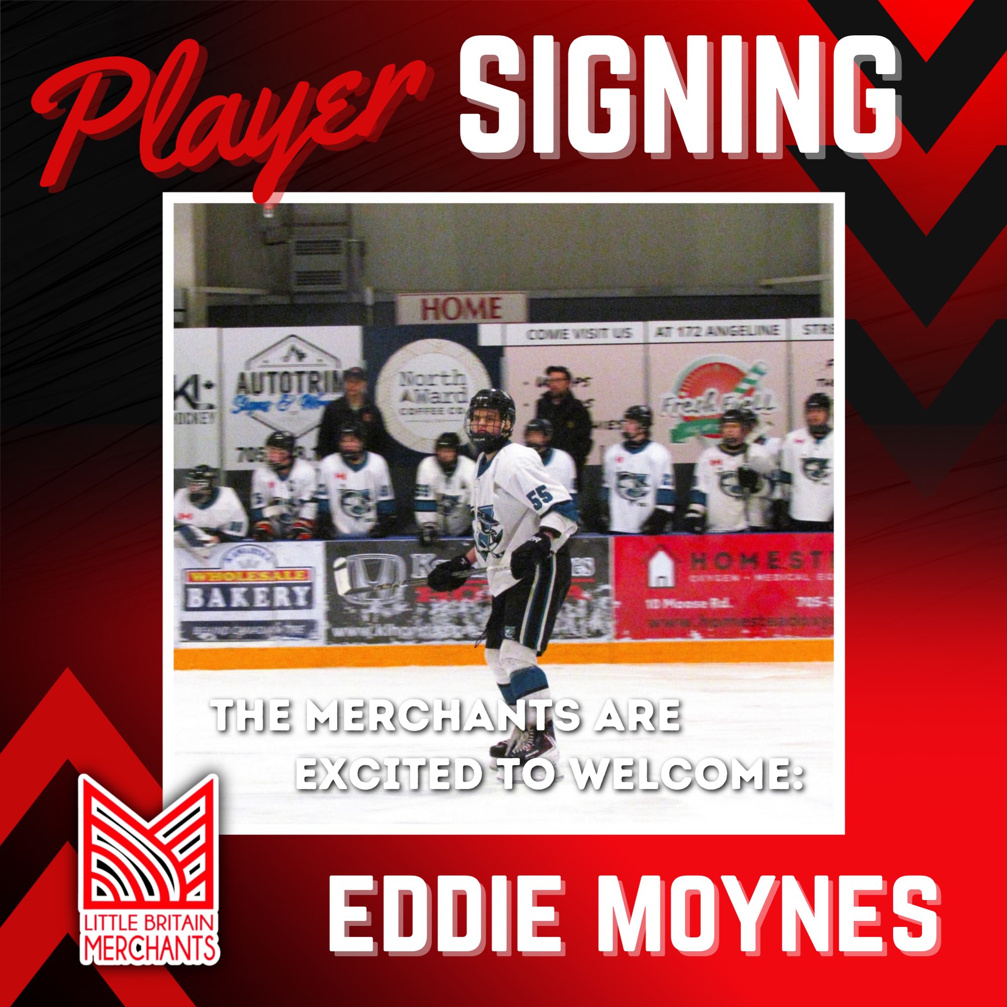 The Little Britain Merchants are excited to announce the signing of defenceman Eddie Moynes for the 2026/27 season. Welcome to the Merchants, Eddie!