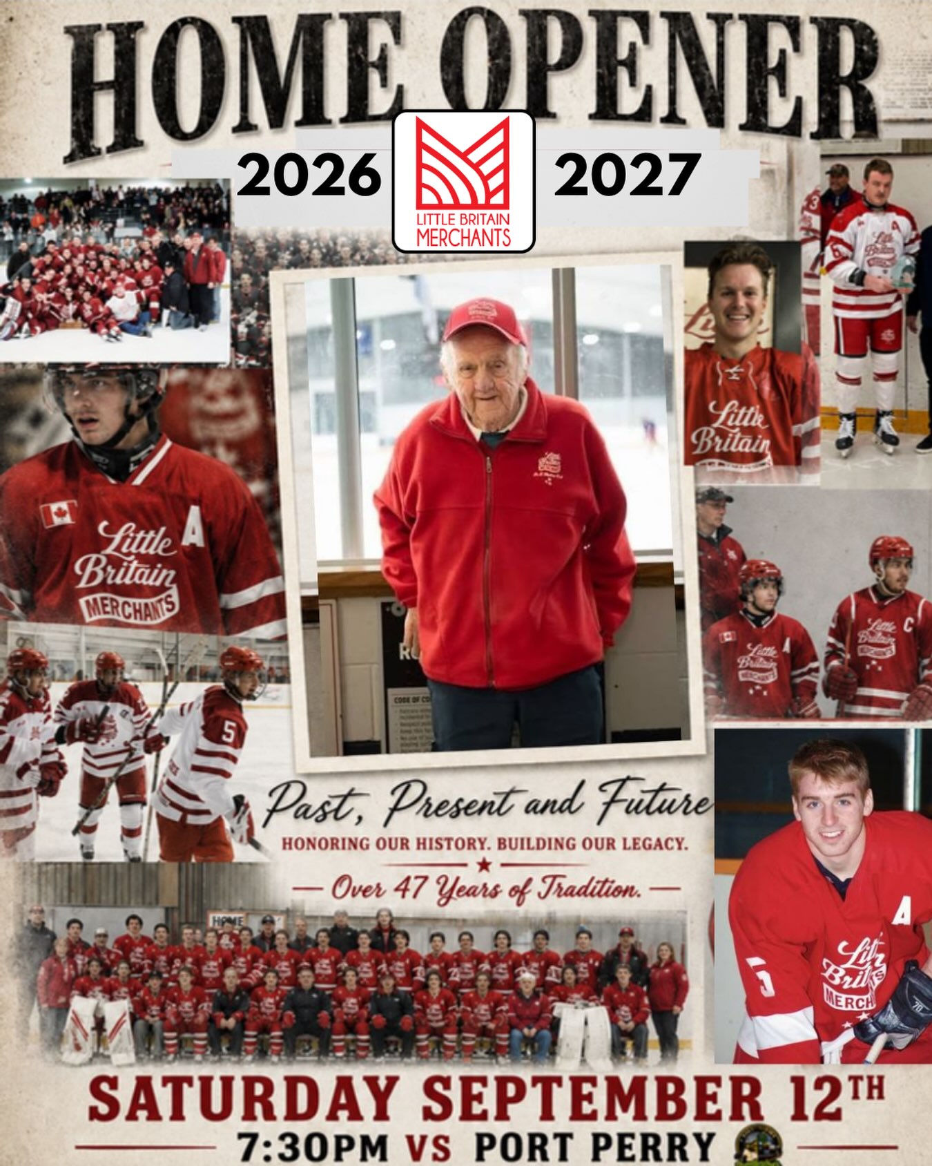🚨HOME OPENER🚨
The Little Britain Merchants are playing their home opener Saturday September 12th at the Little Britain Arena against the Port Perry Lumberjacks. Puck drop is at 7:30pm. 

This year is our first year without Art Field. We are honouring the history and building our legacy. Representing the past, present and the future on and off the ice. Each home game we would love the community to help us to have a sold out arena!