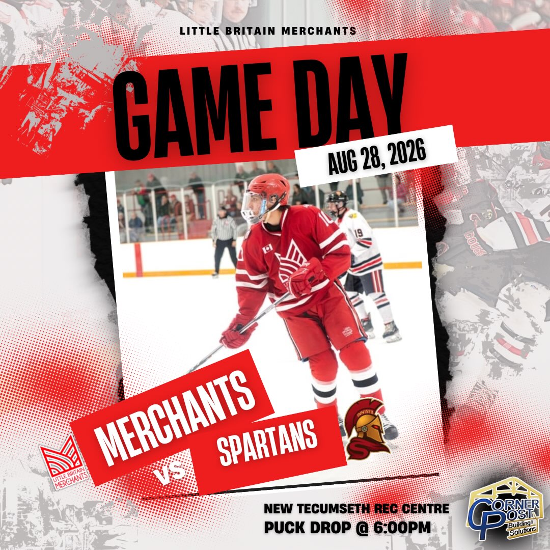 🚨GAME DAY 🚨
The Little Britain Merchants are travelling to the New Tecumseth Rec Centre this evening to face the Innisfil Spartans . Puck drop is at 6:00pm