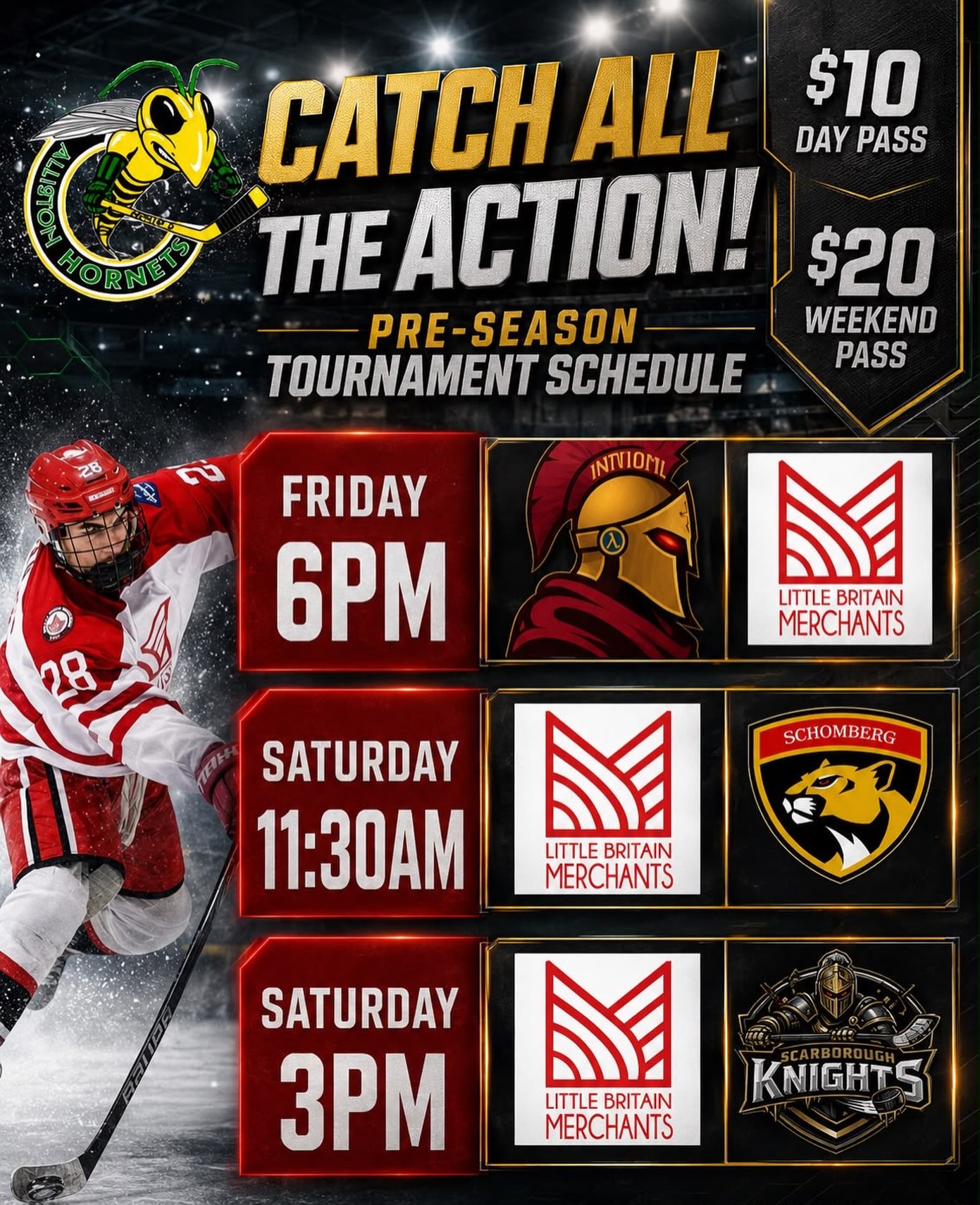 🚨WEEKEND SCHEDULE🚨
It’s that time of the year again. The Little Britain Merchants are travelling to Alliston this weekend for their annual pre-season tournament. The Merchants have three guaranteed games over Friday and Saturday. The Merchants’ first game is tomorrow evening at 6:00PM against the Innisfil Spartans at the New Tecumseth Rec Centre (Rink 1). Safe travels to all fans attending.