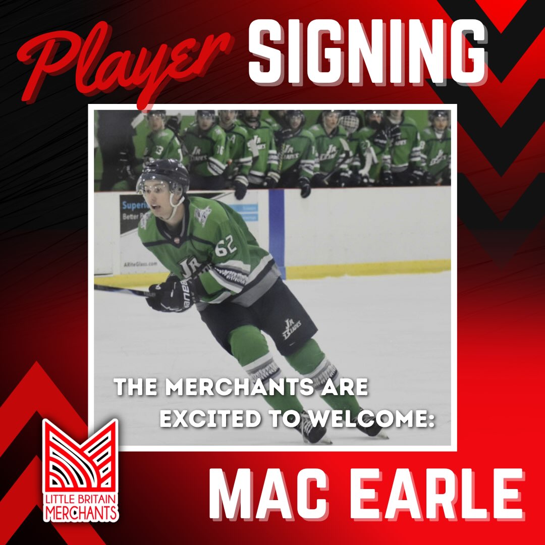 The Little Britain Merchants are excited to announce the signing of forward Mac Earle. Mac joins the Merchants after spending last season with the Florida Jr. Blades.

Head Coach and GM Matt Muir shared his excitement about the addition:
“We’re excited to welcome Mac to the Merchants. His size, strength, and great hockey IQ will be a valuable asset to our club this season.”

Welcome to the Merchants, Mac!
