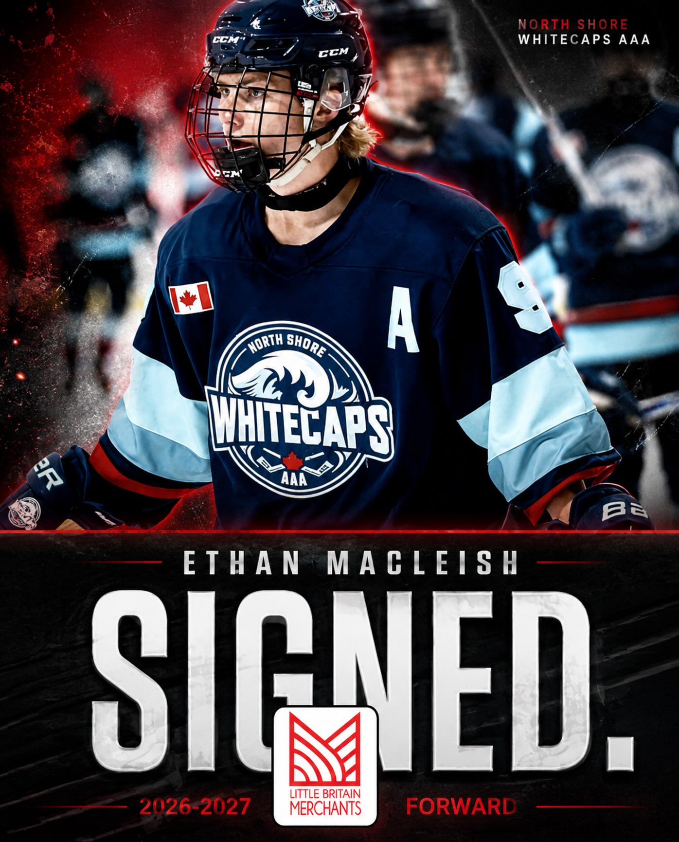 The Little Britain Merchants are excited to announce the signing of forward Ethan MacLeish. Ethan joins the Merchants after recently attending the Peterborough Petes OHL camp.

Head Coach and GM Matt Muir shared his excitement about the addition:
“We are extremely excited to add Ethan to our group. His skill set, work ethic, and physicality will help shape what we feel is a completely different identity for our team this season.”

Welcome to the Merchants, Ethan!