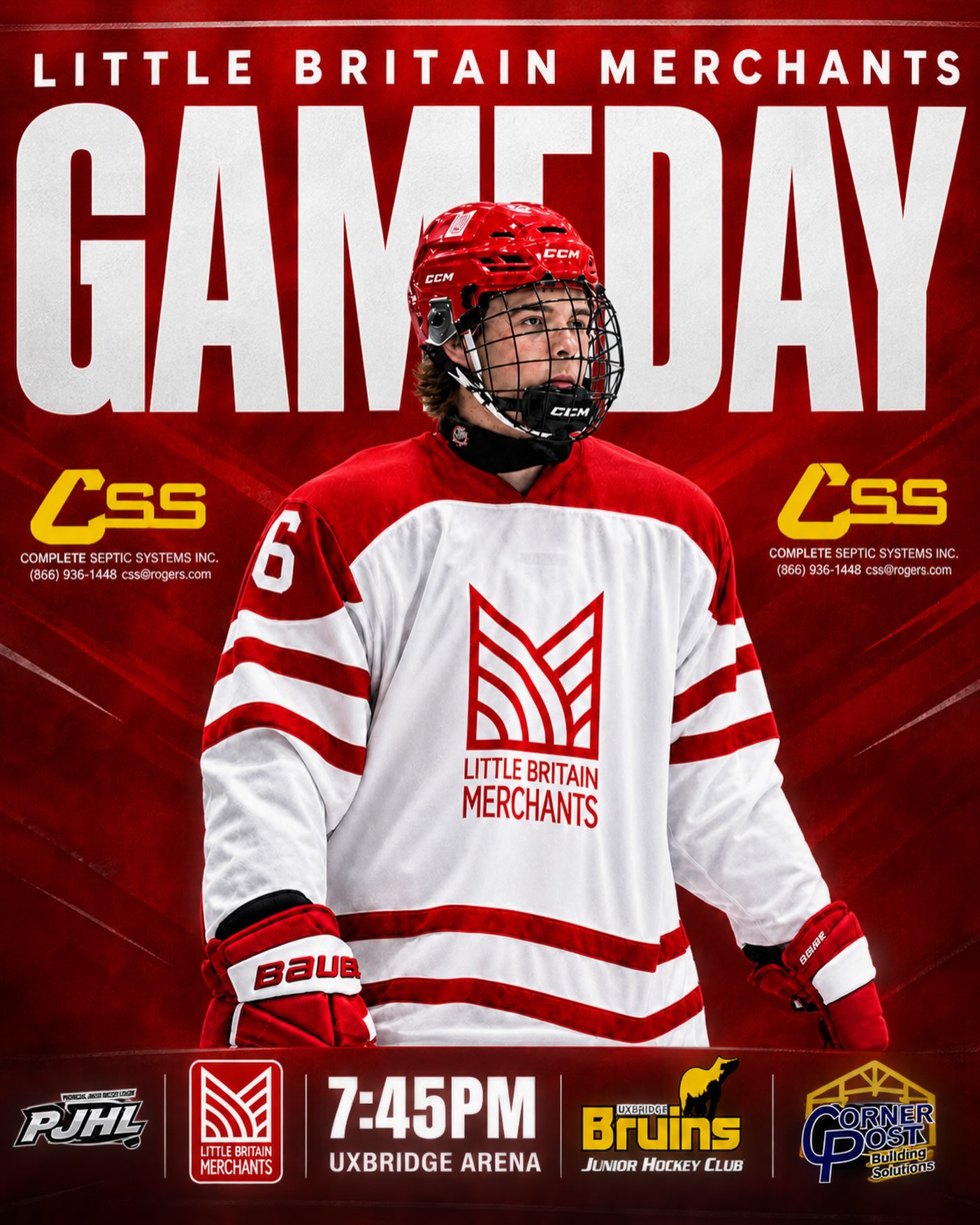 🚨GAME DAY!🚨

The Little Britain Merchants are hitting the road to get back in action tonight! Get ready to hit the ice as we take on the Uxbridge Bruins! Today’s game is sponsored by Complete Septic System inc.

📅 Friday, September 18, 2026
⏰ 7:45 PM
📍 Uxbridge Arena

Let’s bring the energy and support the Merchants! ❤️🤍