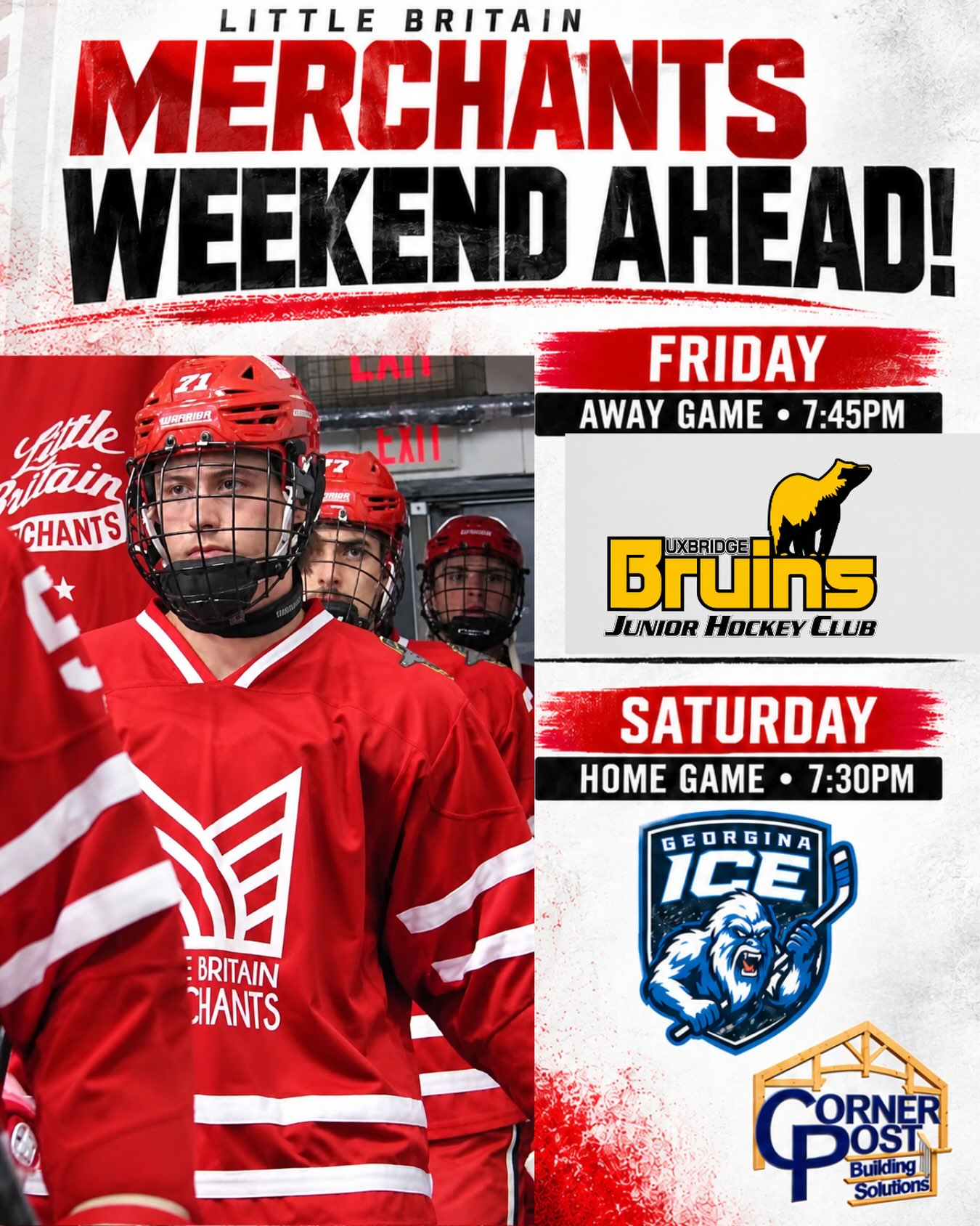 🚨MERCHANTS WEEKEND AHEAD! 🚨

It’s another big weekend for the Little Britain Merchants! ❤️🖤

📅 FRIDAY: Away Game vs. Uxbridge Bruins
⏰ 7:45 PM

📅 SATURDAY: HOME GAME vs. Georgina Ice
⏰ 7:30 PM

🏠 Come out and support your Merchants as they hit the ice! Bring the energy and let’s pack the rink! 🙌🏒

See you at the rink! ❤️🖤

#LittleBritainMerchants #MerchantsHockey #WeekendAhead #GameDay #JuniorHockey SupportLocalHockey