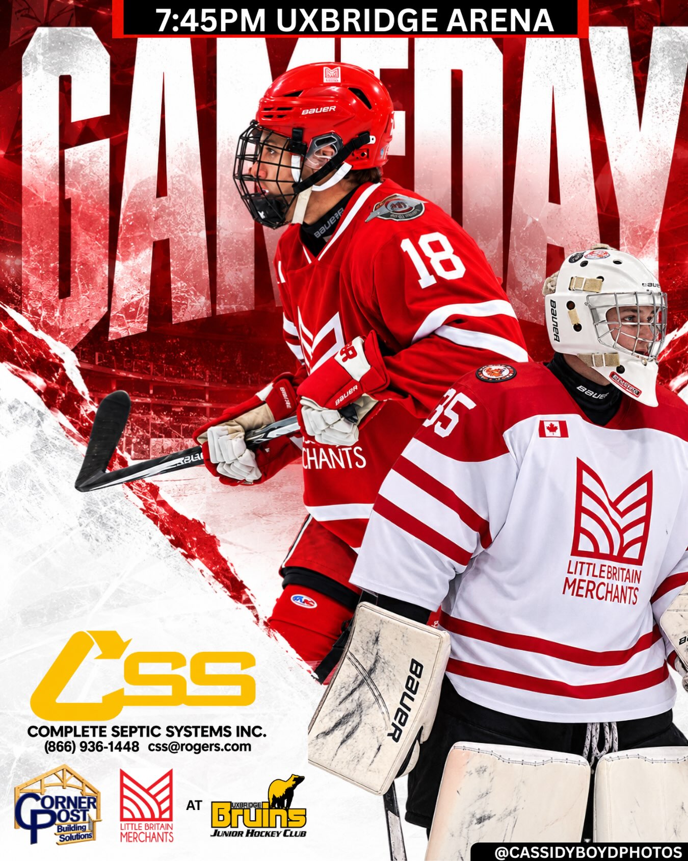 🚨GAME DAY! 🚨

The Little Britain Merchants are travelling to Uxbridge tonight to face the  Uxbridge Bruins! 💪🏒

📍 Uxbridge Arena
⏰ 7:45 PM
❤️ Come out and show your support!

Let’s go Merchants! 🚨🏒 #GameDay #LittleBritainMerchants #JuniorHockey #HockeyNight