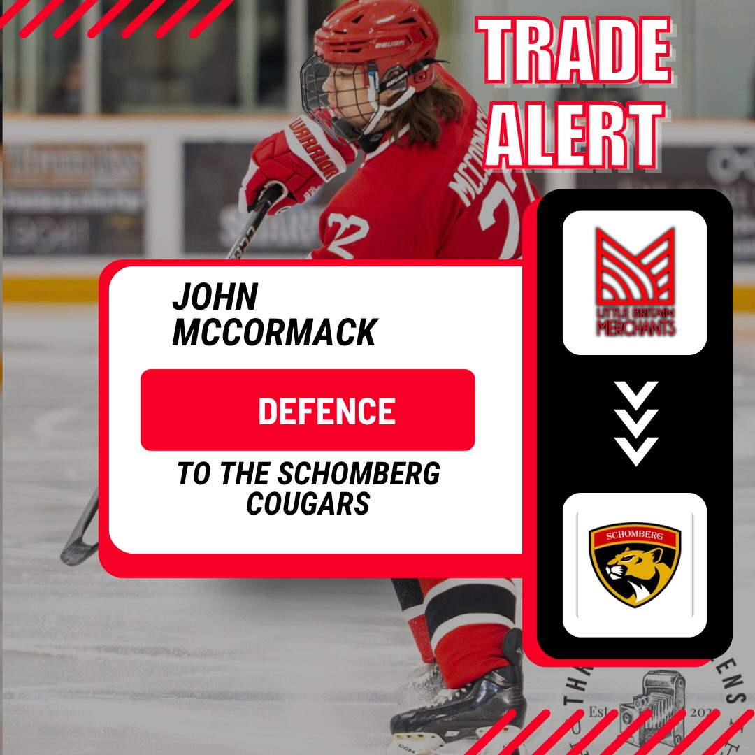 🚨TRADE ALERT🚨
The Little Britain Merchants have traded John McCormack to the Schomberg Cougars in exchange for a PDF.