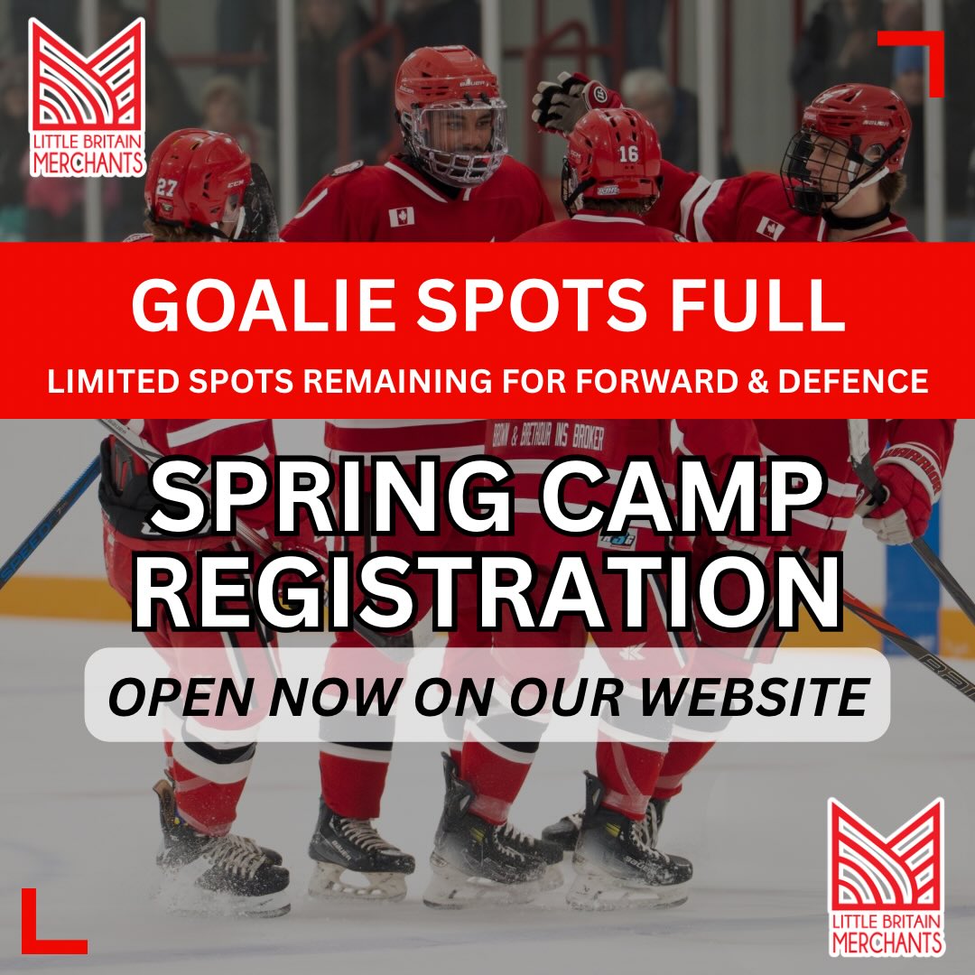 🚨SPRING CAMP UPDATE🚨
Goalie spots have been filled for the Little Britain Merchants Spring Camp. Spots are limited for forward and defence. Register now to secure your spot at the Merchants Spring Camp. You can register on our website through the link in our bio.
