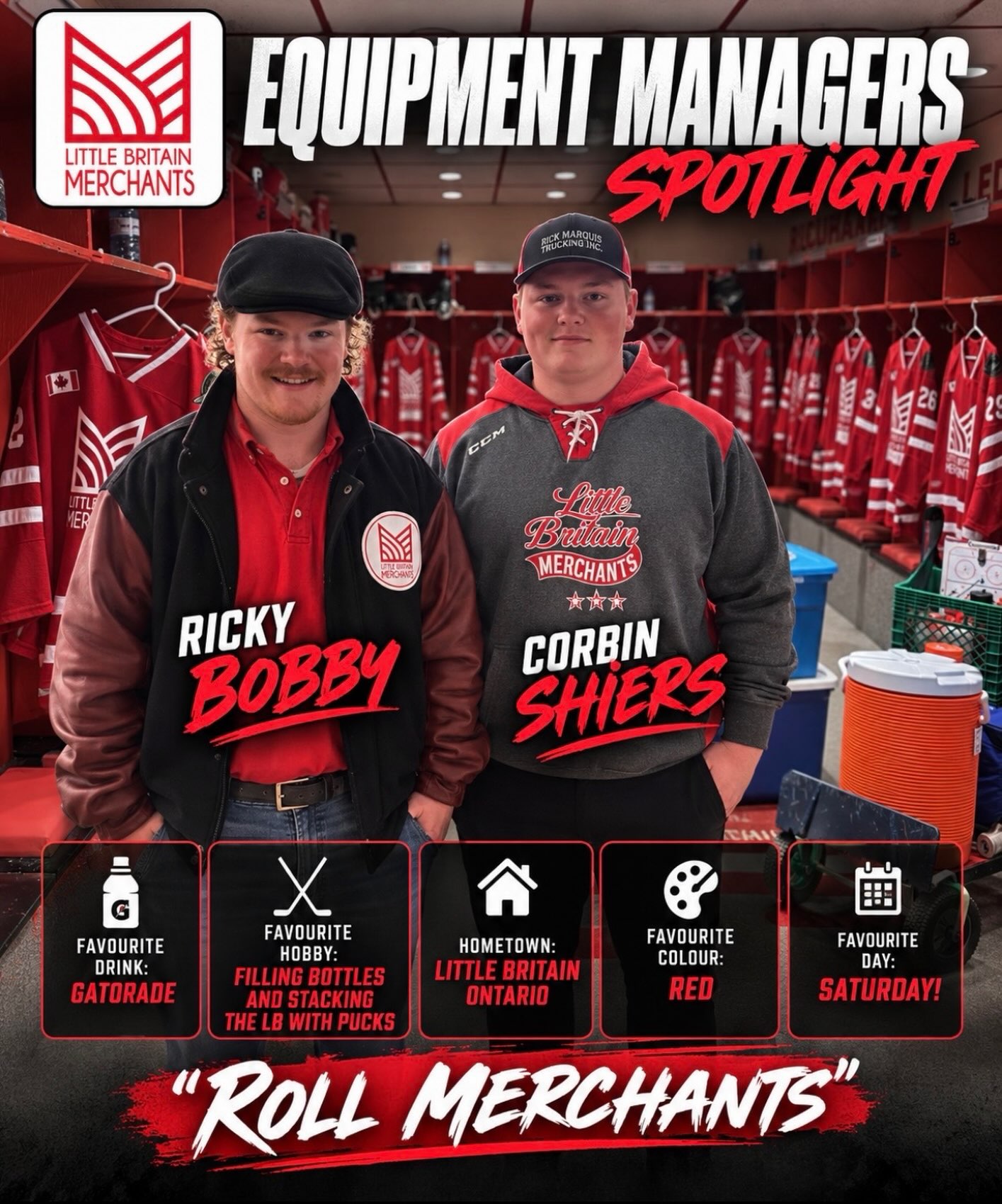 🚨EQUIPMENT MANAGERS SPOTLIGHT🚨. 
On behalf of the Little Britain Merchants we would like to thank Ricky Bobby and Corbin Shiers for always making sure the team’s equipment is ready for game days and practices.

Thank you guys!
